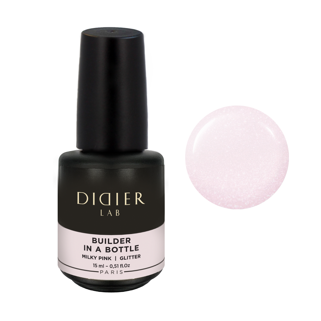 Didier Lab Builder in a Bottle ecsetes építőzselé, Milky Pink Glitter, 15ml